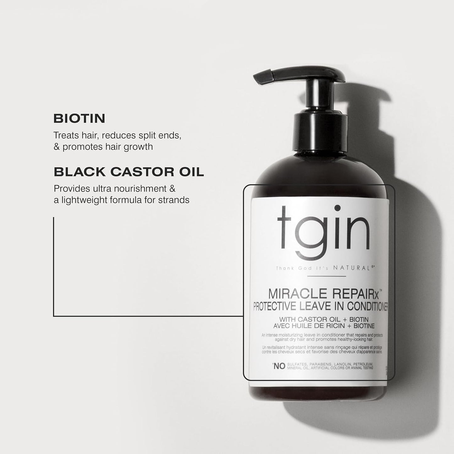 Tgin Miracle Repairx Protective Leave in Conditioner for Curly, Coily, Wavy Hair Includes Biotin, Black Castor Oil, Repairs, Restores Damaged, Color-Treated Hair, 13 Oz