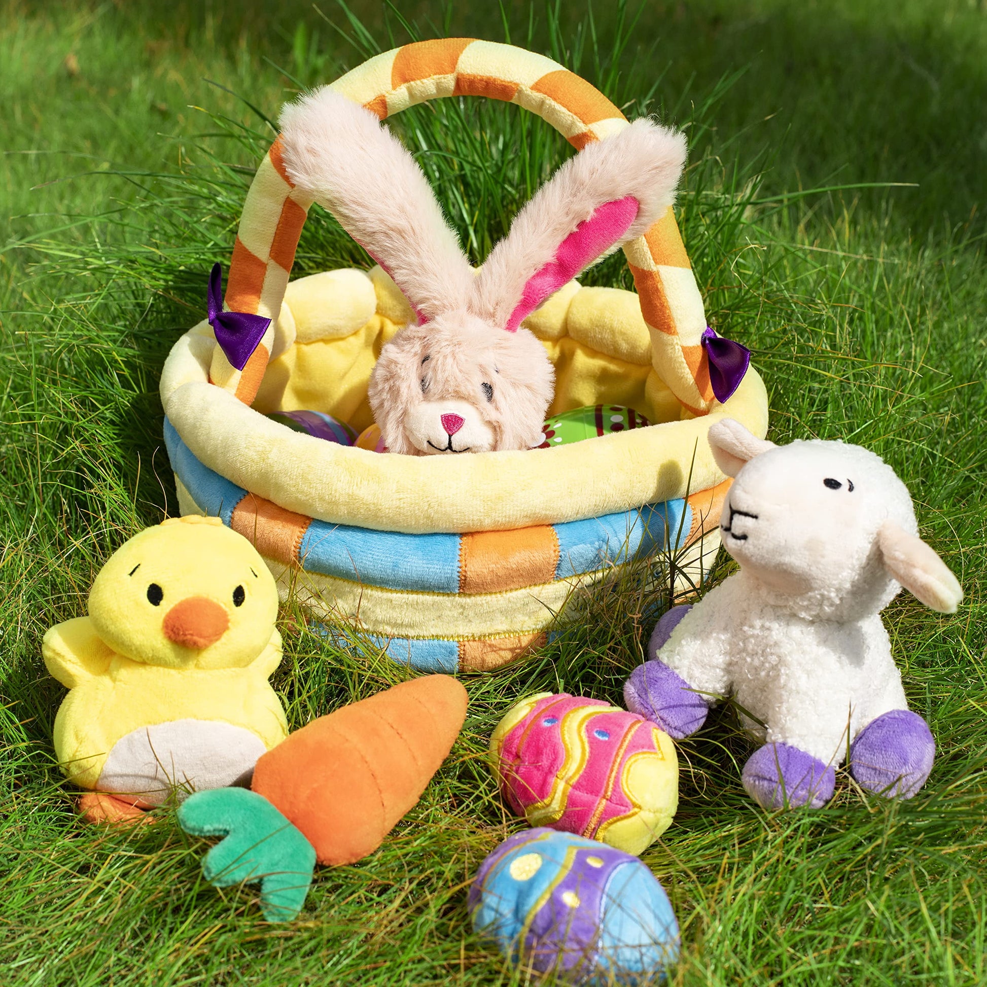 7 Pcs Easter Basket,Easter Toys,Easter Bunny Playset Stuffers Plushies Basket Fillers for Party Favor, Soft Plush for Toddler & Kids of All Ages