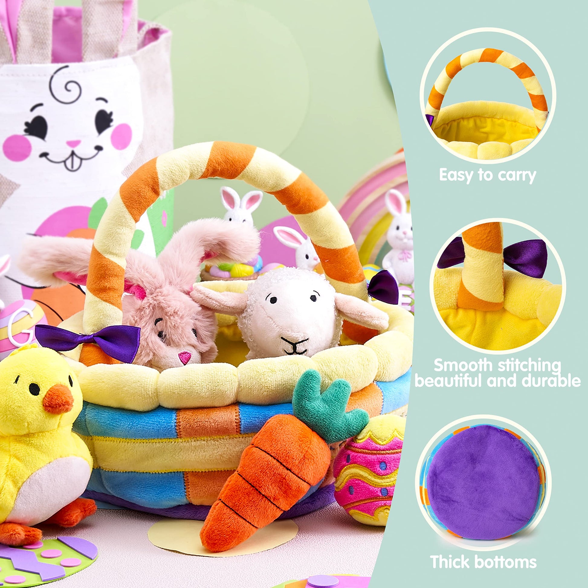 7 Pcs Easter Basket,Easter Toys,Easter Bunny Playset Stuffers Plushies Basket Fillers for Party Favor, Soft Plush for Toddler & Kids of All Ages