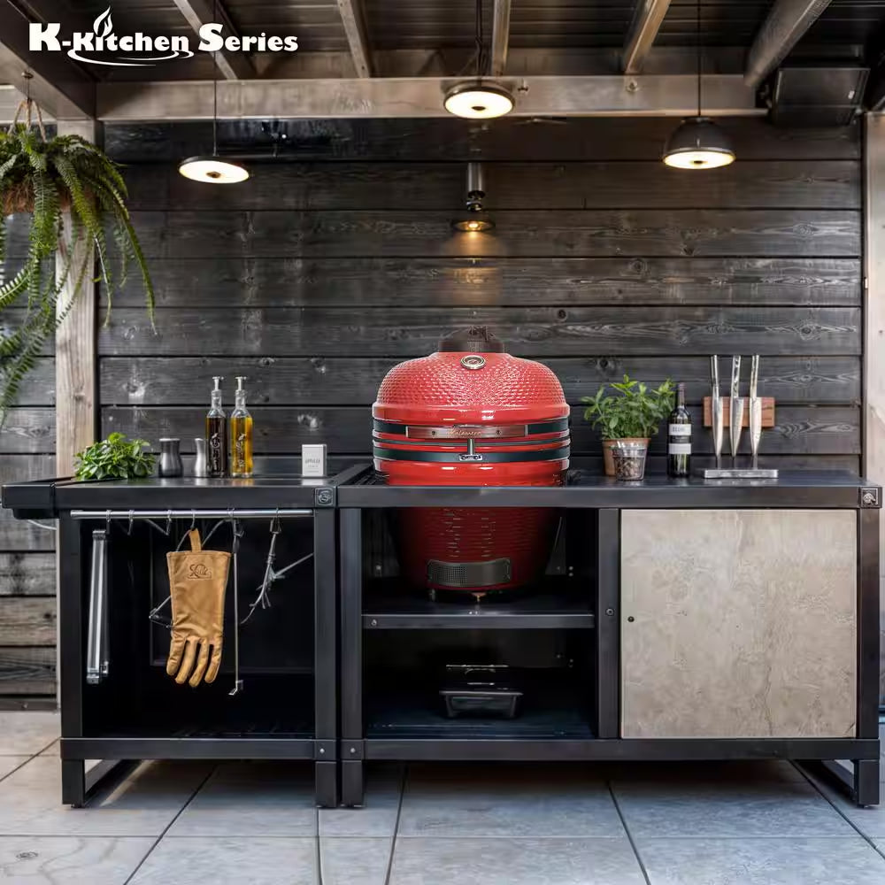 24 In. Kamado Ceramic Charcoal Grill in Red with Cart and Side-Wings