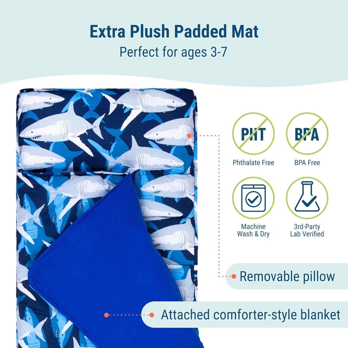 Kids Original Nap Mat – Cozy Kids Sleep Mat with Pillow, Ideal for School & Travel - Sharks