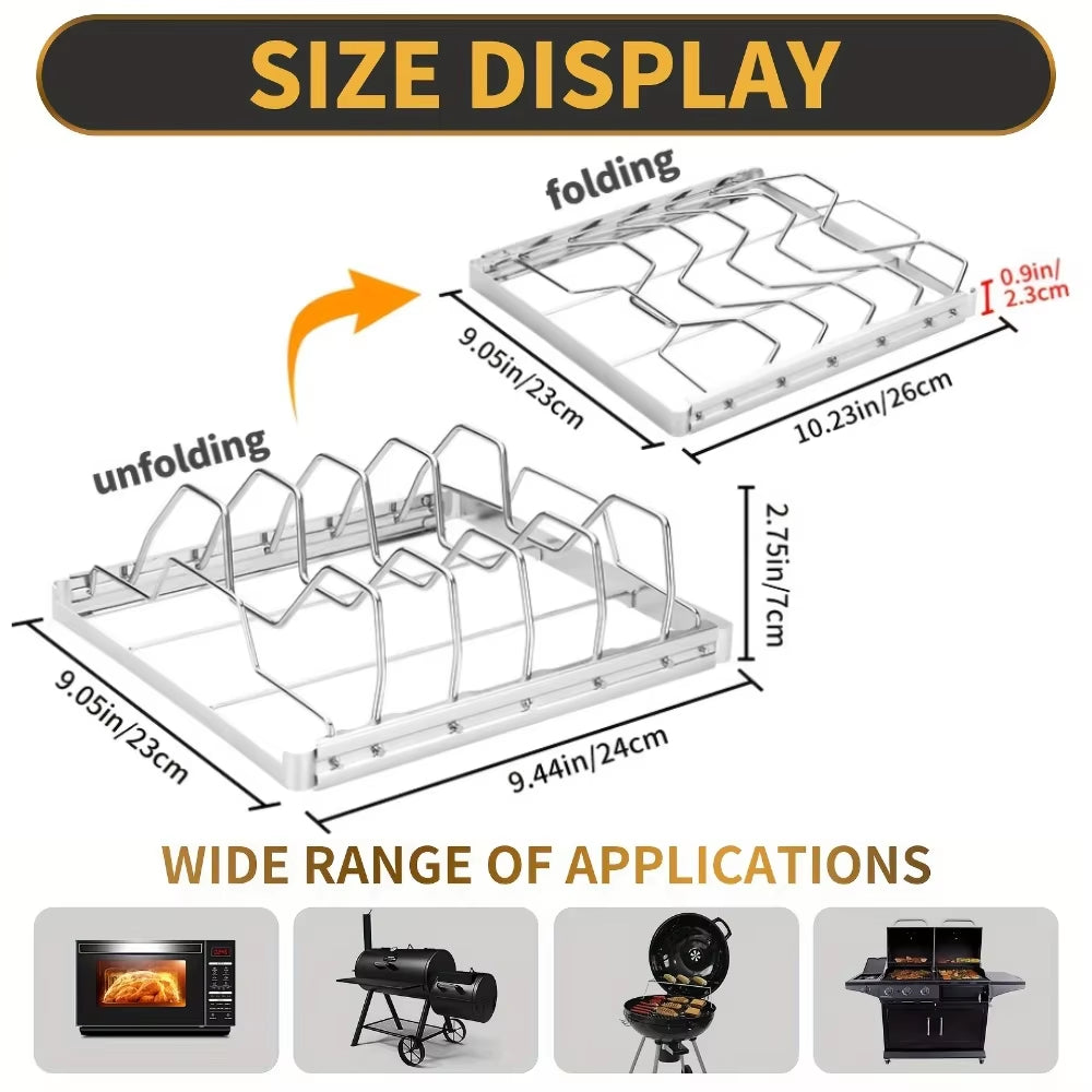2Pcs Stainless Steel Rib Rack Set Collapsible 4-Slot BBQ Smoker Rack with Oil Brush for Outdoor Cooking Party Barbecue Tools