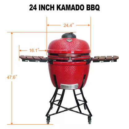 24 In. Kamado Ceramic Charcoal Grill in Red with Cart and Side-Wings