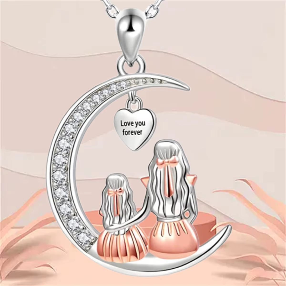 Fashion Mom Daughter Moon Pendant Necklace Love You Forever Heart Necklaces Mothers Day Jewelry Gifts