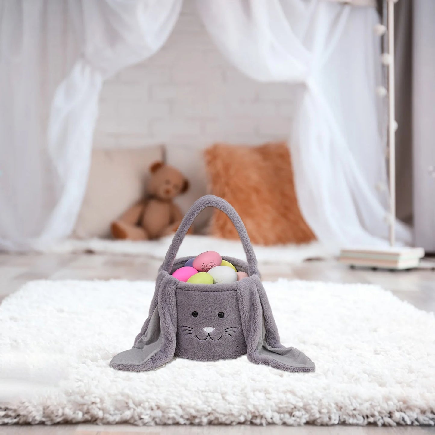 Easter Basket Plush Easter Bunny Long Ears Bags Easter Basket Rabbit Buckets Easter Tote Bags Children Gift Storage Handbag Easter Basket Stuffers