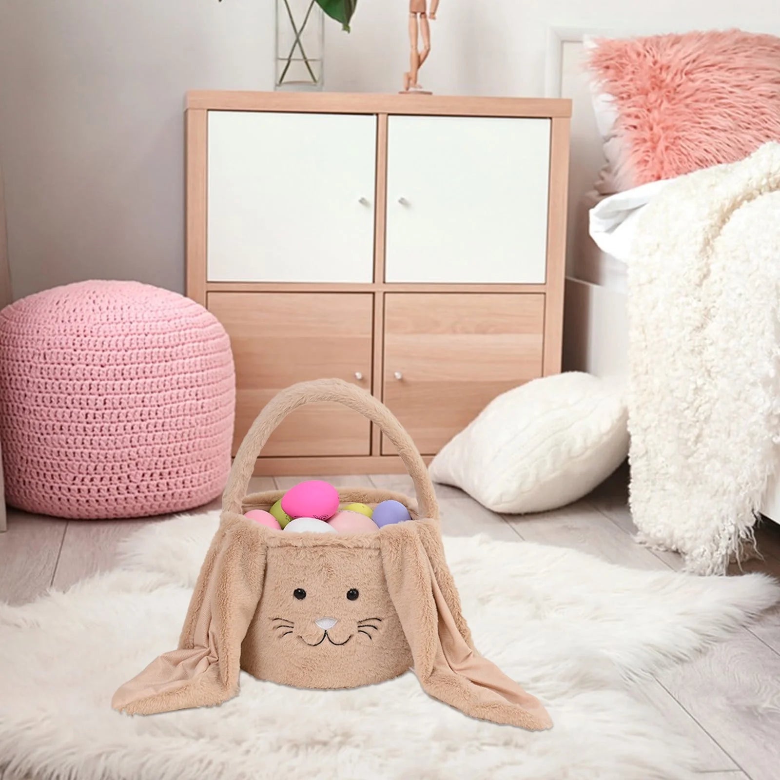 Easter Basket Plush Easter Bunny Long Ears Bags Easter Basket Rabbit Buckets Easter Tote Bags Children Gift Storage Handbag Easter Basket Stuffers