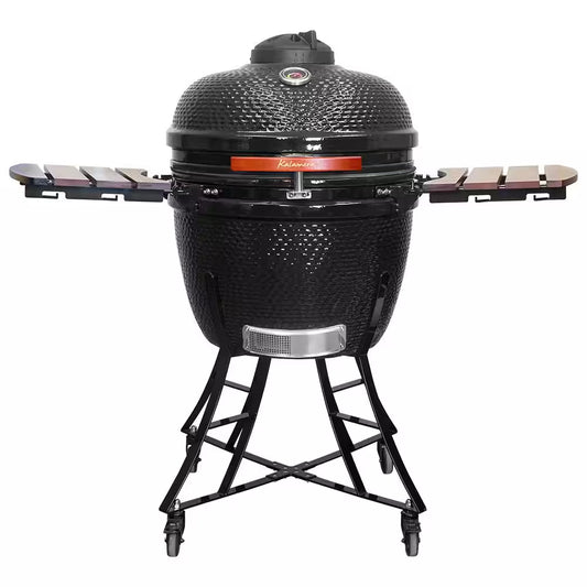 24 In. Kamado Ceramic Charcoal Grill in Black with Cart and Side-Wings