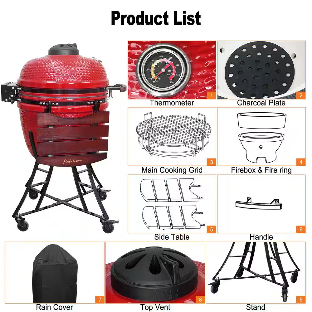 24 In. Kamado Ceramic Charcoal Grill in Red with Cart and Side-Wings