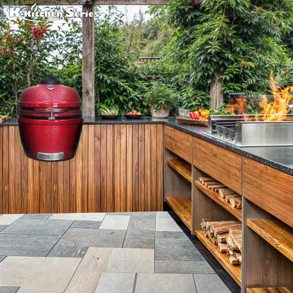 24 In. Kamado Ceramic Charcoal Grill in Red with Cart and Side-Wings