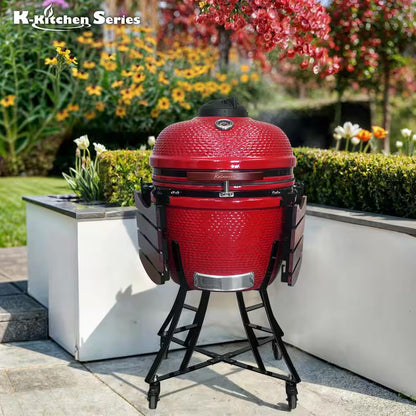 24 In. Kamado Ceramic Charcoal Grill in Red with Cart and Side-Wings