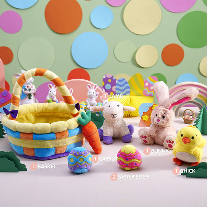 7 Pcs Easter Basket,Easter Toys,Easter Bunny Playset Stuffers Plushies Basket Fillers for Party Favor, Soft Plush for Toddler & Kids of All Ages