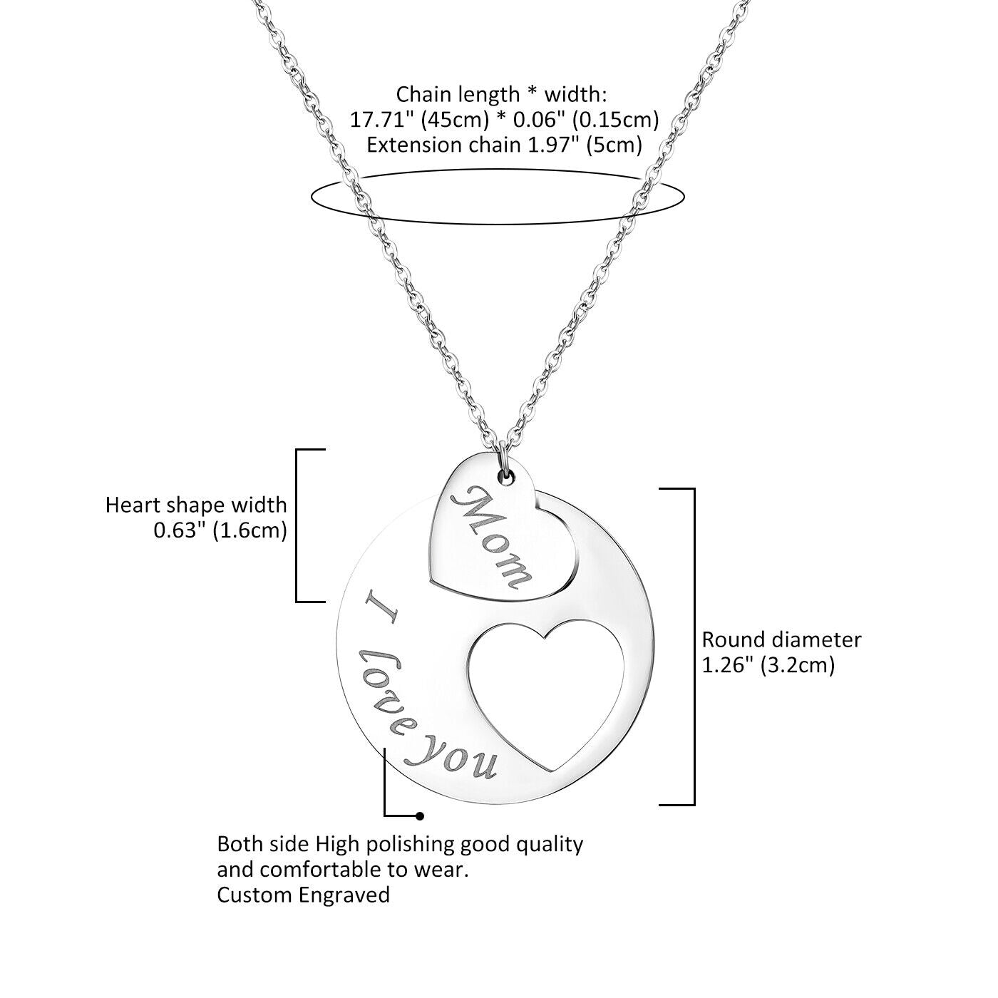 Women'S Stainless Steel "I Love You Mom" Heart Pendant Necklace Mothers Day Gift