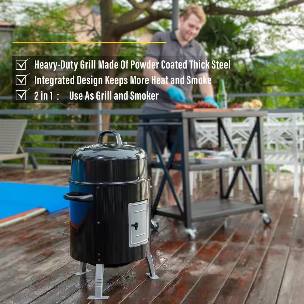 17 In. Charcoal Smoker in Black with Built-In Thermometer