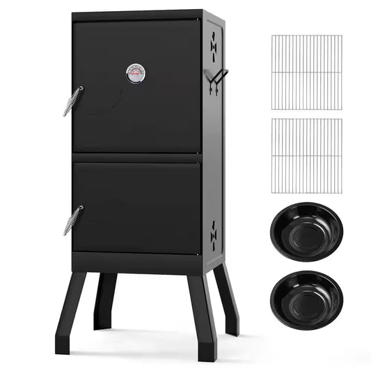 Vertical Charcoal Smoker BBQ Barbecue Grill with Temperature Gauge Outdoor Black