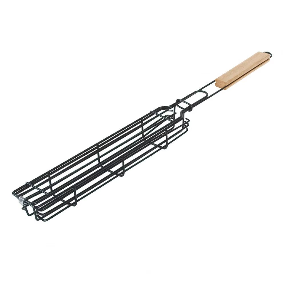 BBQ Grilling Basket Stainless Steel Portable Non-Stick Wooden Handle Grilling Baskets Vegetables Meat Hot Dog BBQ Grill Net