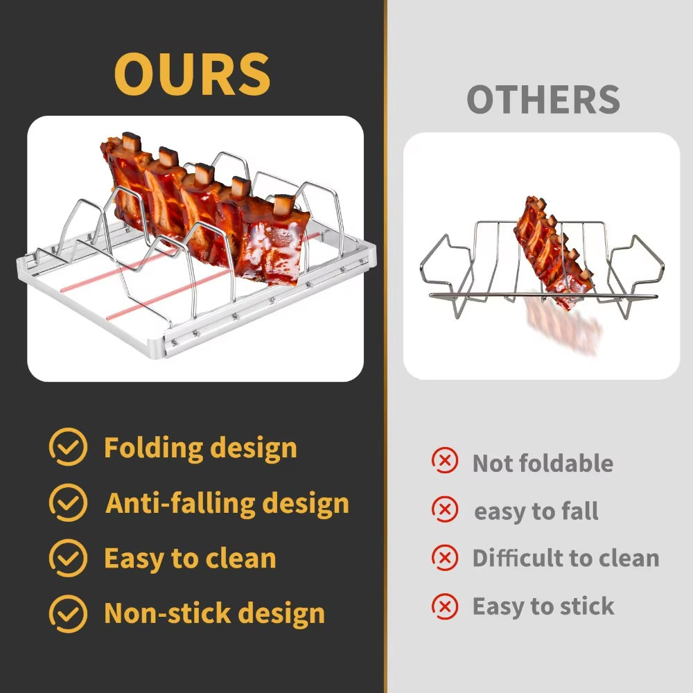 2Pcs Stainless Steel Rib Rack Set Collapsible 4-Slot BBQ Smoker Rack with Oil Brush for Outdoor Cooking Party Barbecue Tools