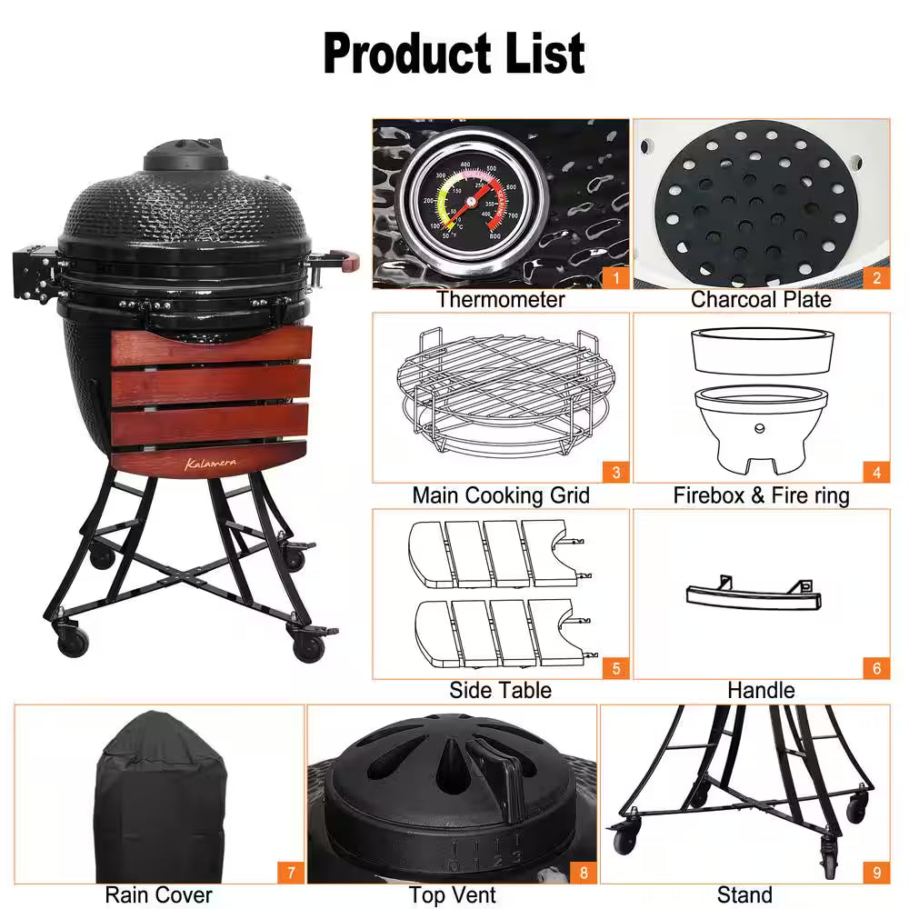 24 In. Kamado Ceramic Charcoal Grill in Black with Cart and Side-Wings