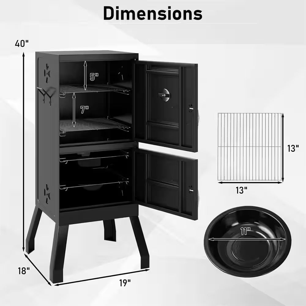 Vertical Charcoal Smoker BBQ Barbecue Grill with Temperature Gauge Outdoor Black