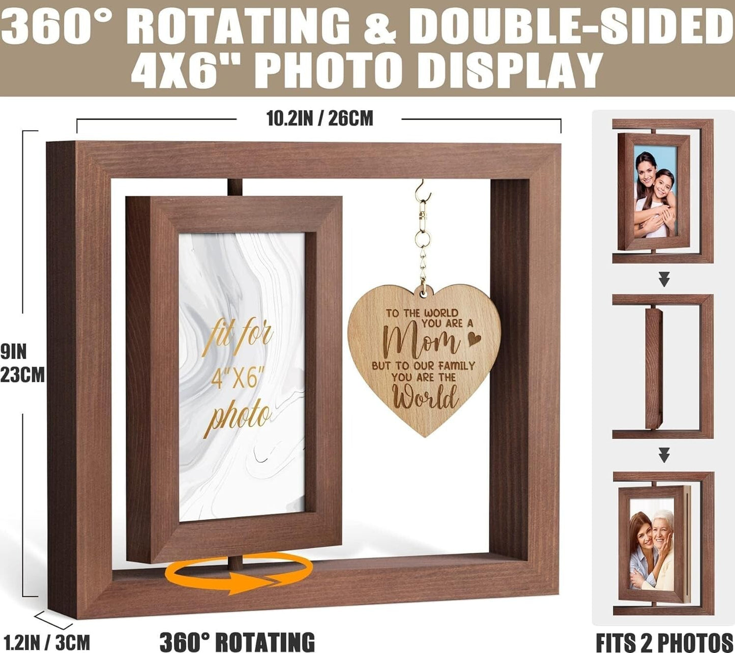 Mothers Day Gifts Picture Frame Double-Sided 4"X6" Photo W/ Warm Heart Pendant
