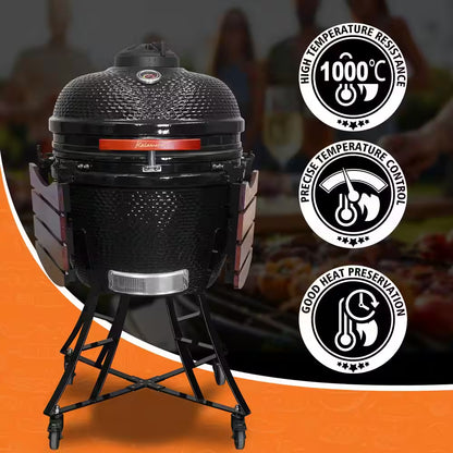 24 In. Kamado Ceramic Charcoal Grill in Black with Cart and Side-Wings