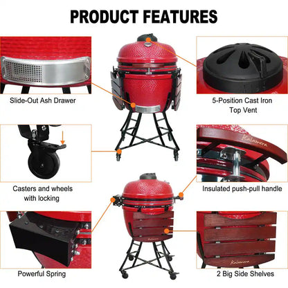24 In. Kamado Ceramic Charcoal Grill in Red with Cart and Side-Wings