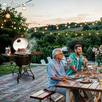 24 In. Kamado Ceramic Charcoal Grill in Black with Cart and Side-Wings