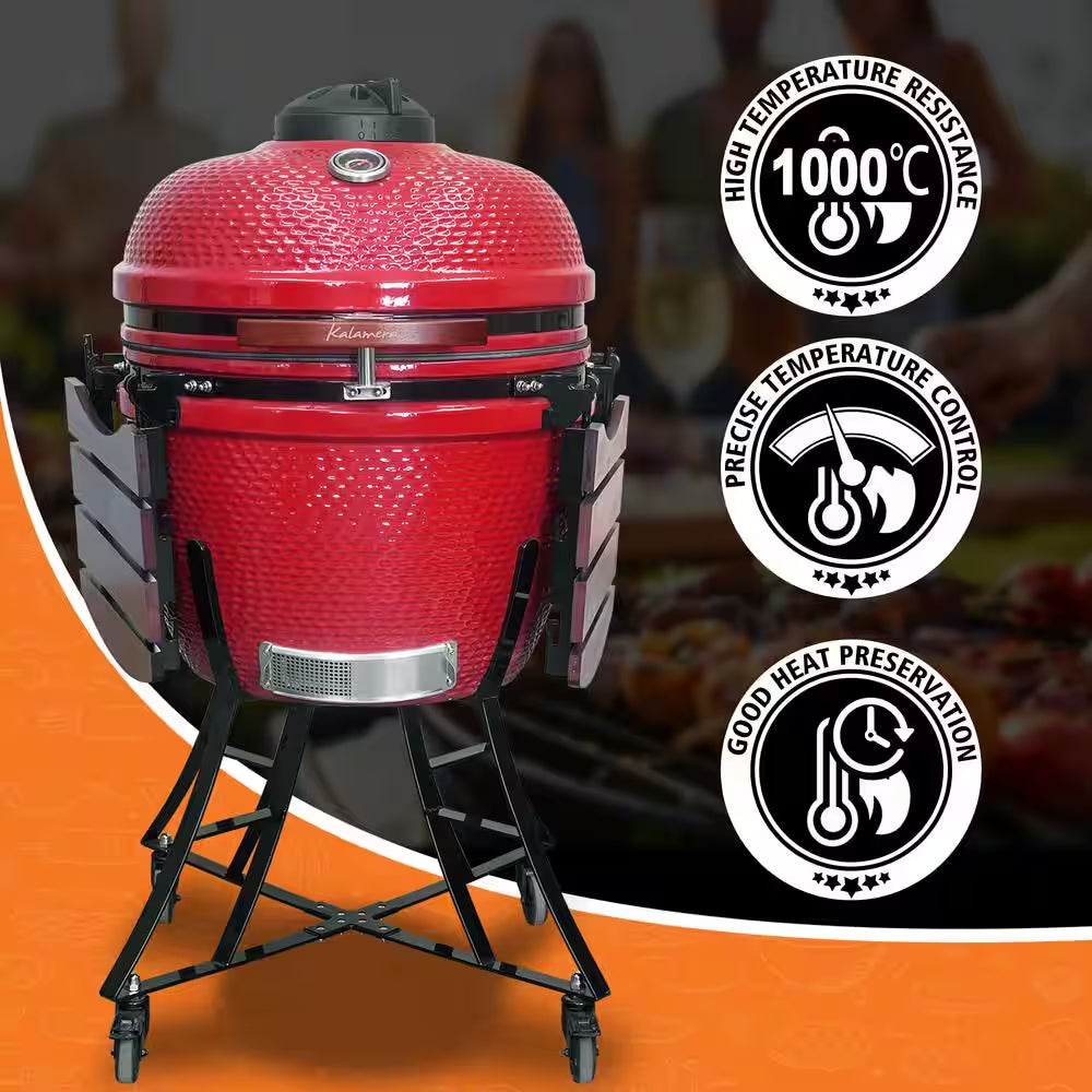 24 In. Kamado Ceramic Charcoal Grill in Red with Cart and Side-Wings