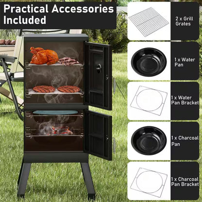 Vertical Charcoal Smoker BBQ Barbecue Grill with Temperature Gauge Outdoor Black
