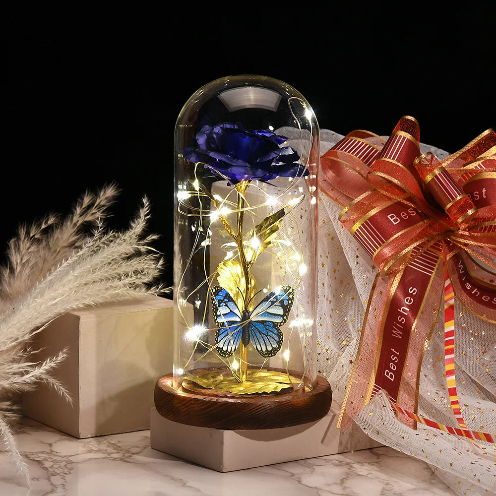 HOT Red Rose with LED Light in Glass Dome Rose in Flask Beauty and the Beast for Wedding Party Decoration Anniversary Lover Gift
