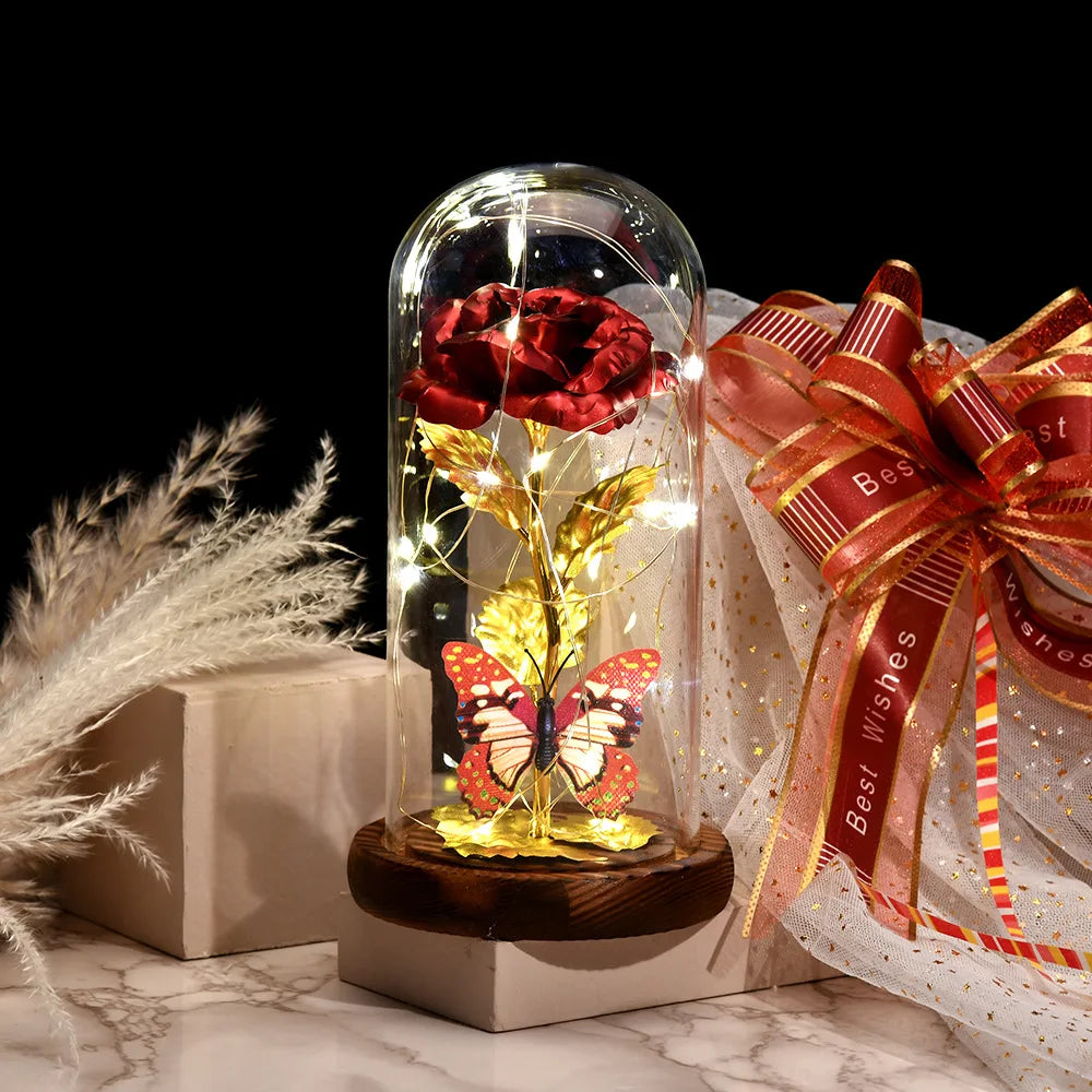 HOT Red Rose with LED Light in Glass Dome Rose in Flask Beauty and the Beast for Wedding Party Decoration Anniversary Lover Gift