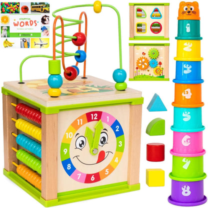 Wooden Kids Baby Activity Cube - Girls Gift Set | 1St Birthday Gifts Toys for 1 One, 2 Year Old Girl | Developmental Toddler Educational Learning Girl Toys 12-18 Months | Bead Maze