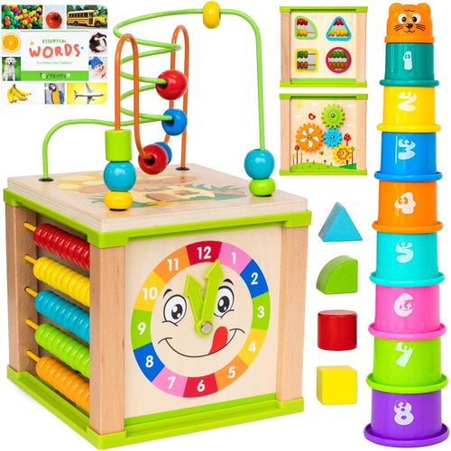 Wooden Kids Baby Activity Cube - Girls Gift Set | 1St Birthday Gifts Toys for 1 One, 2 Year Old Girl | Developmental Toddler Educational Learning Girl Toys 12-18 Months | Bead Maze