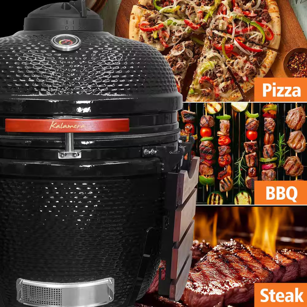 24 In. Kamado Ceramic Charcoal Grill in Black with Cart and Side-Wings