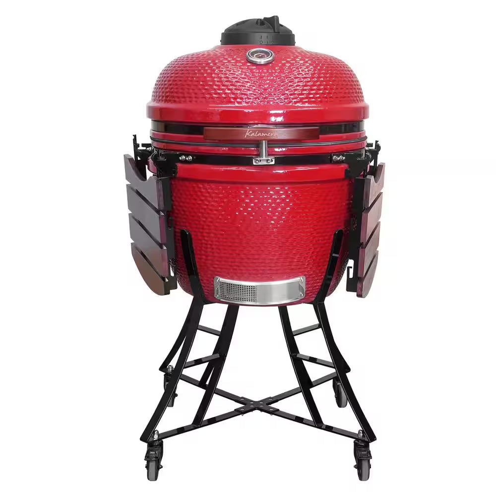 24 In. Kamado Ceramic Charcoal Grill in Red with Cart and Side-Wings