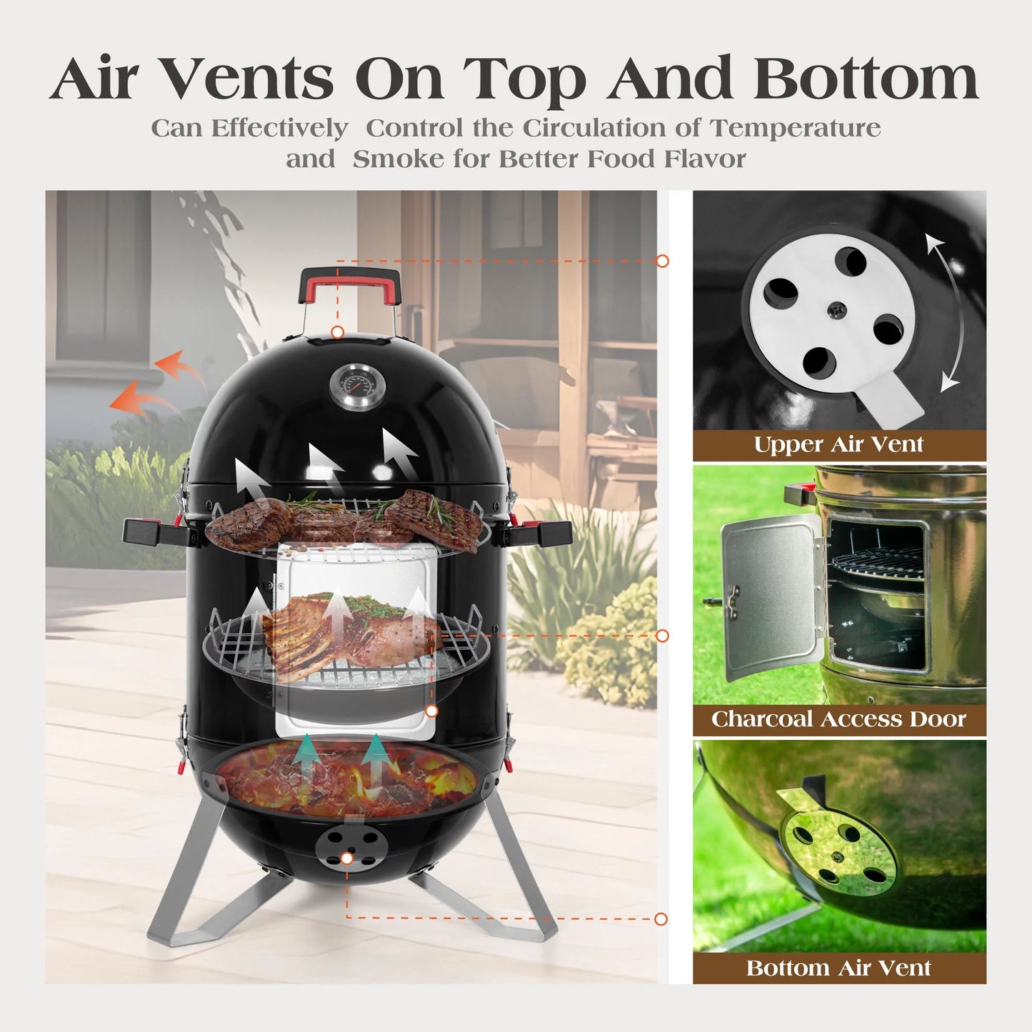 18-Inch Vertical Charcoal Smoker Grill with Porcelain-Enameled Smoking Chamber, Black