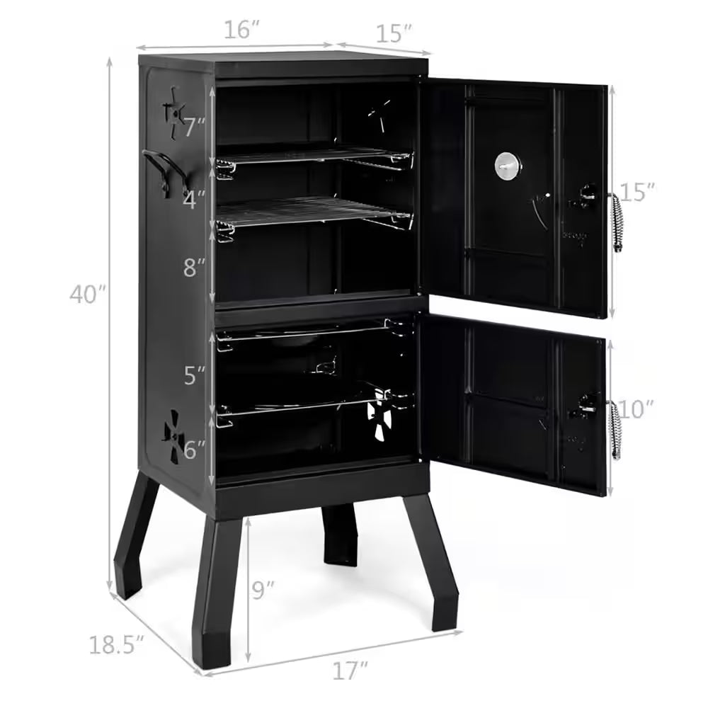 Vertical Charcoal Smoker BBQ Barbecue Grill with Temperature Gauge Outdoor Black