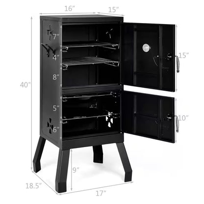 Vertical Charcoal Smoker BBQ Barbecue Grill with Temperature Gauge Outdoor Black