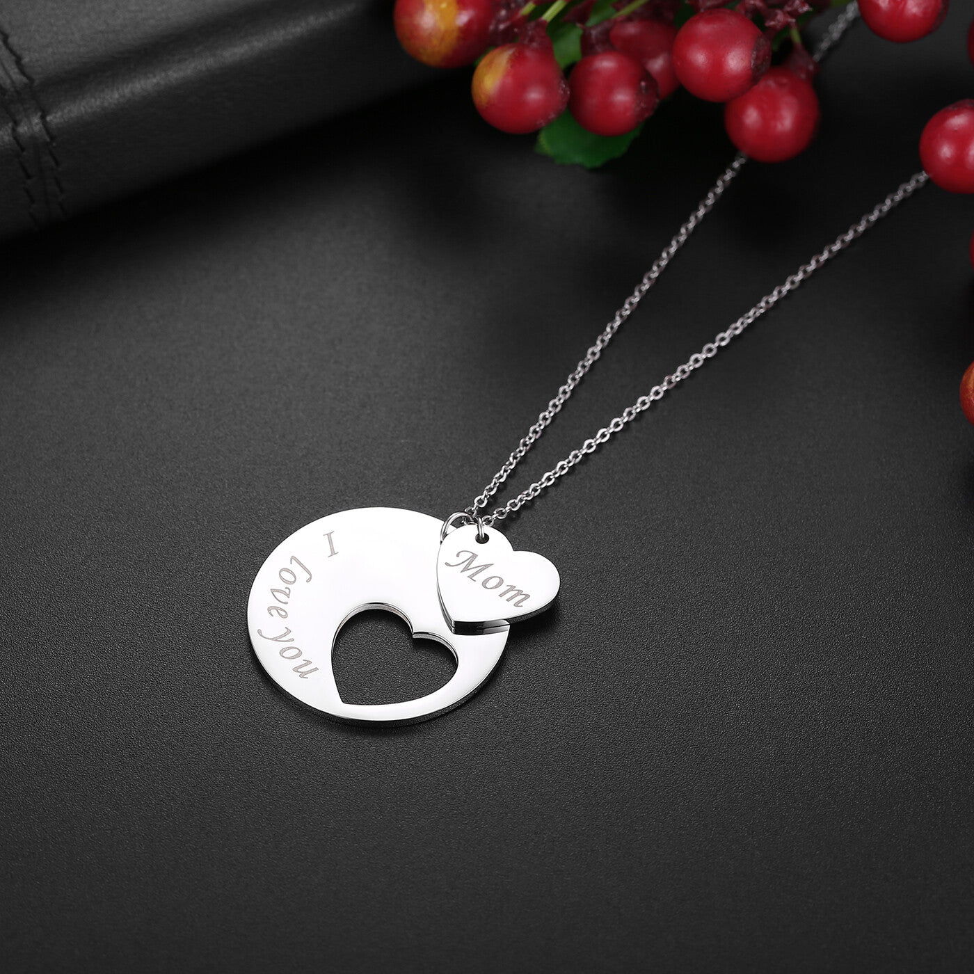 Women'S Stainless Steel "I Love You Mom" Heart Pendant Necklace Mothers Day Gift
