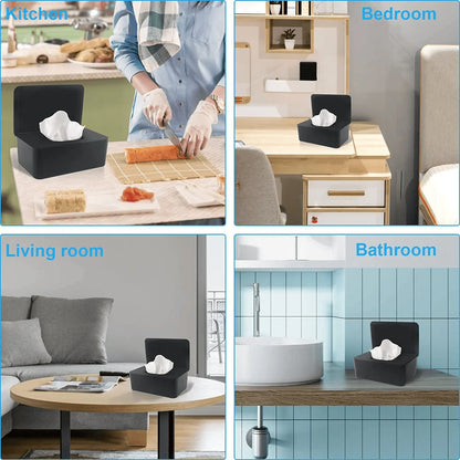 Wipes Dispenser, Portable Baby Wipes Holders Tissue Storage Box with Lid, Reusable Wipes Container Dustproof Tissues Wipes Case to Keep Wipe Fresh (Black)
