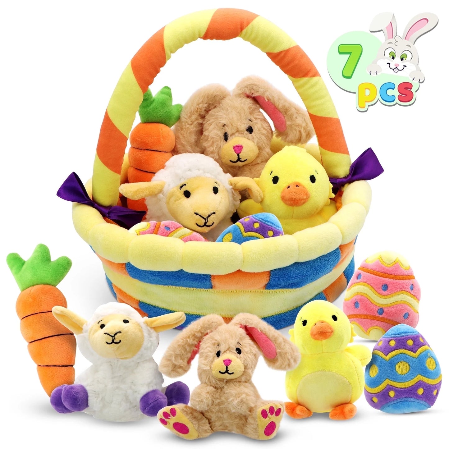 7 Pcs Easter Basket,Easter Toys,Easter Bunny Playset Stuffers Plushies Basket Fillers for Party Favor, Soft Plush for Toddler & Kids of All Ages