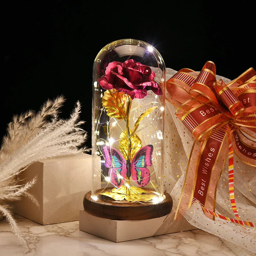 HOT Red Rose with LED Light in Glass Dome Rose in Flask Beauty and the Beast for Wedding Party Decoration Anniversary Lover Gift