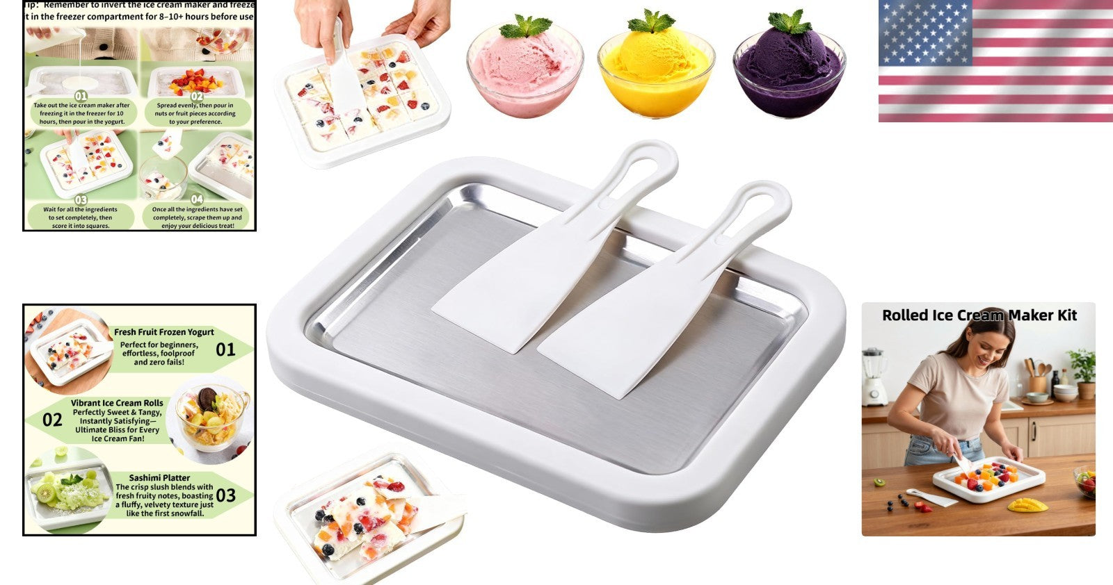 Instant Freeze Rolled Ice Cream Maker - Complete DIY Kit with Scrapers & Tray