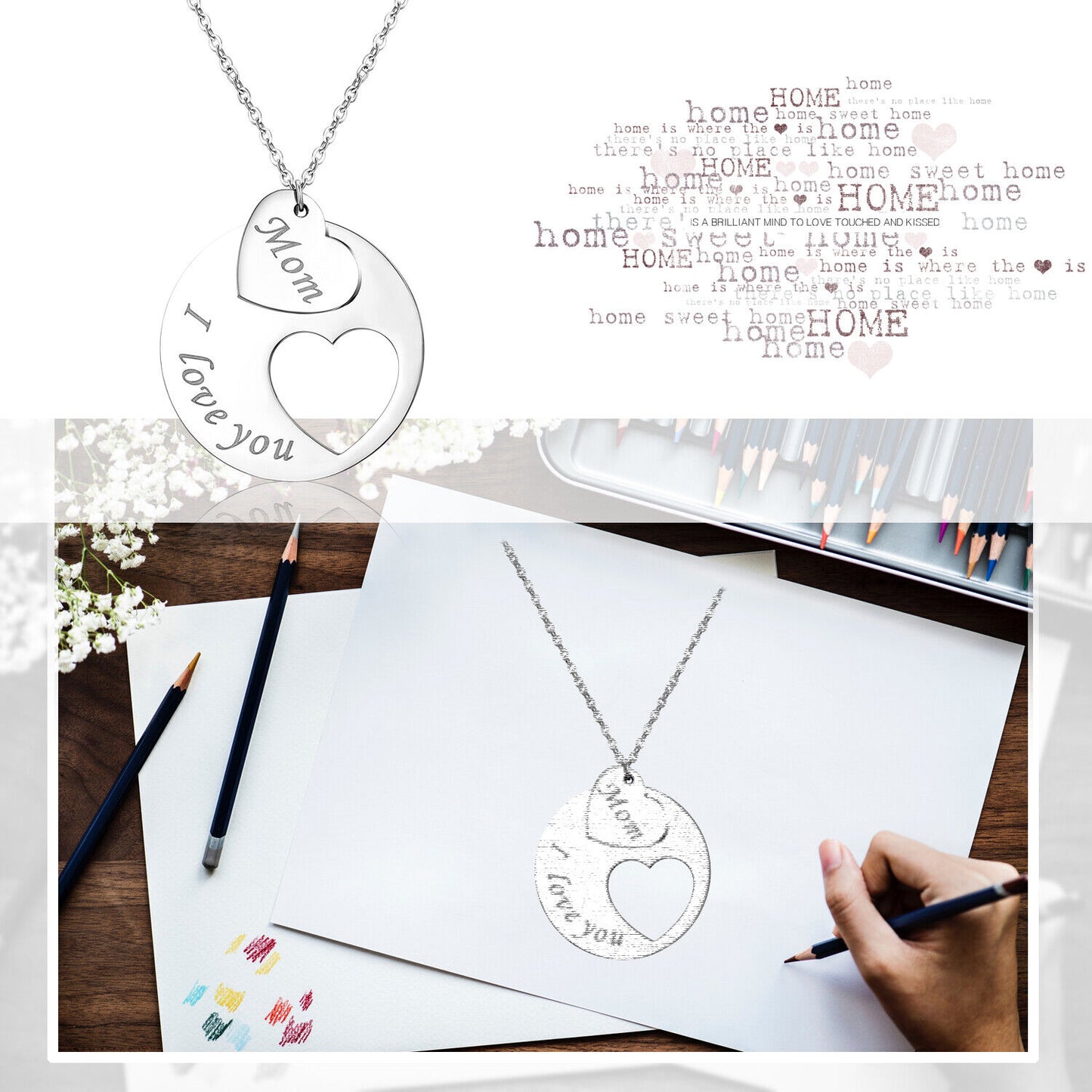Women'S Stainless Steel "I Love You Mom" Heart Pendant Necklace Mothers Day Gift