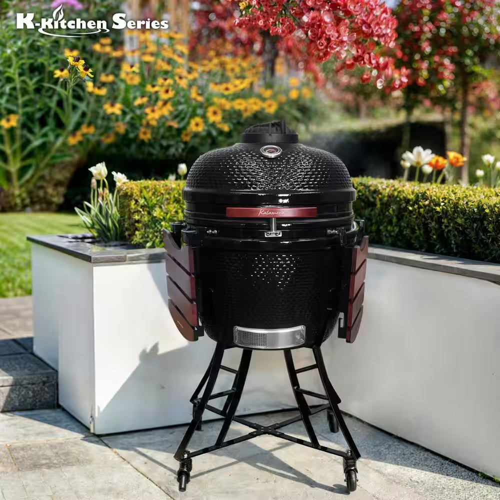 24 In. Kamado Ceramic Charcoal Grill in Black with Cart and Side-Wings