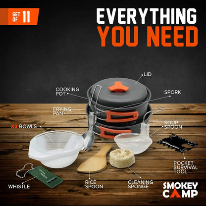 Camping Cookware Mess Kit Set with Stove - Backpacking Camping Pots and Pans Set All in One Non-Stick Camping Cooking Set Portab