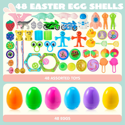 48 Packs Prefilled Easter Egg,Easter Egg with Toys Inside,Easter Basket Stuffers for Kids Easter Basket Classroom Exchange Toddler Boys Girls