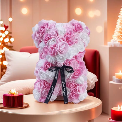1Pc Artificial Rose Bear, Artificial Rose Flower Bear Gift for Birthday,Valentines Day, Wedding Mothers Day and Anniversary