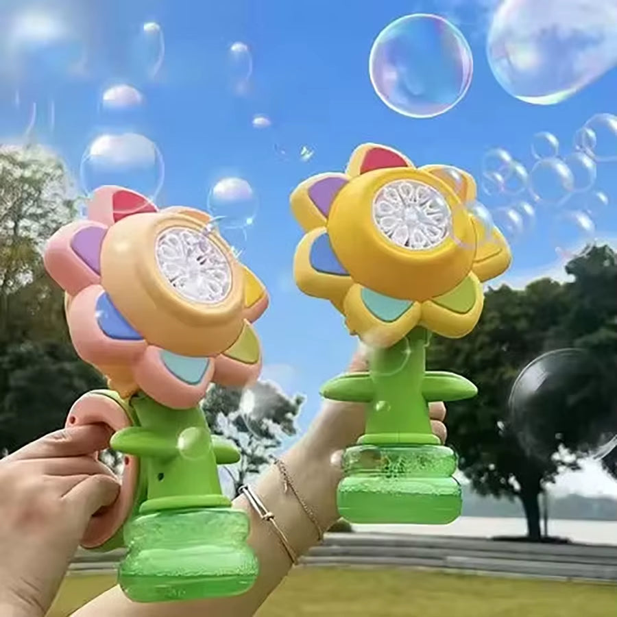 Cute Seven Color Sunflower Bubbles Shake Head Soap Bubbles Swing Light Automatic Blowing Handheld Bubble Machine Kids Toys