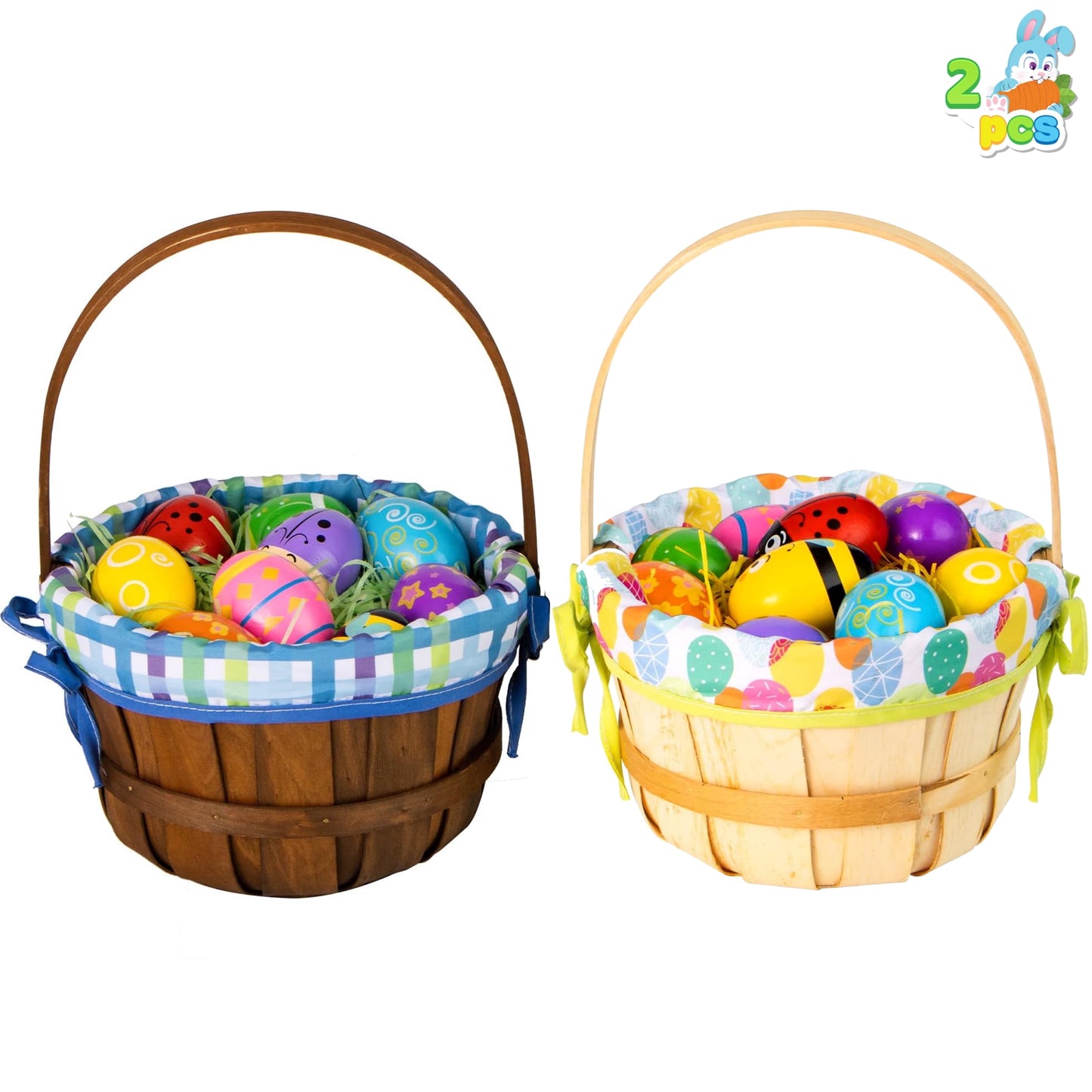 2 Pcs Easter Baskets,Easter Woven Woodchip Basket with Lining,Handmade Wicker Easter Basket with Handle for Easter Egg Hunt,Picnic