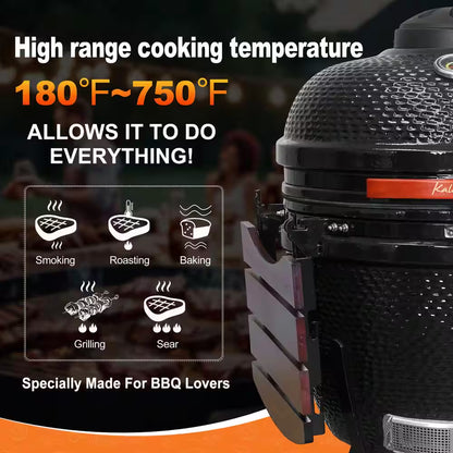 24 In. Kamado Ceramic Charcoal Grill in Black with Cart and Side-Wings